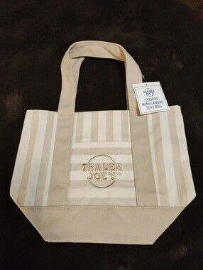 Limited Edition Trader Joe's Mini Embroidered Striped Golden Tan Canvas Bag